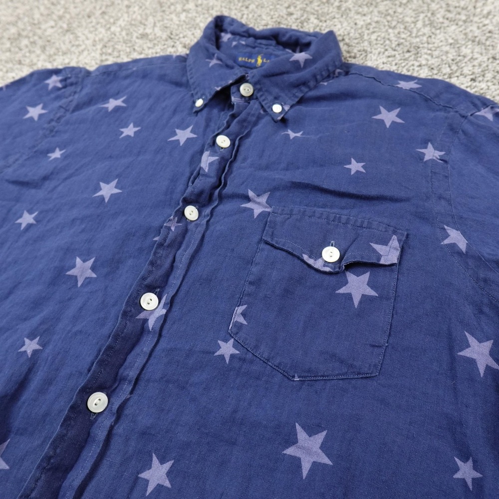 Ralph‎ Lauren Shirt Mens L Blue Linen Star Print Chambray Button Up Lightweight